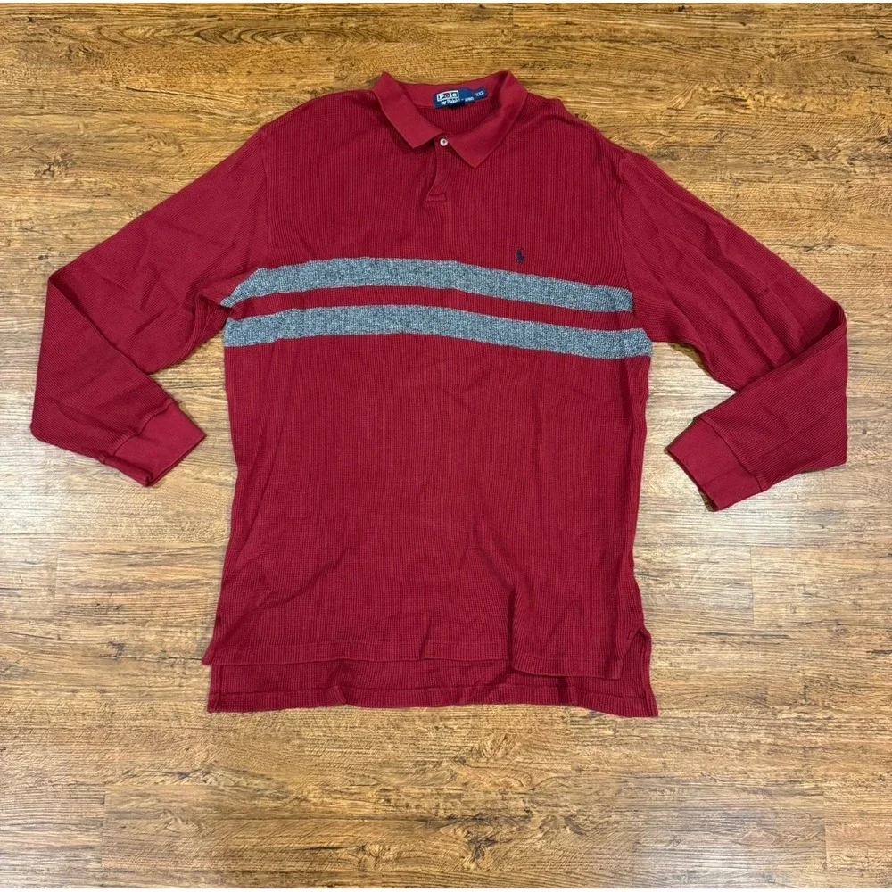 Polo Ralph Lauren Red Waffle Knit Thermal‎ Golf Long Sleeve Polo Shirt Men's 2XL